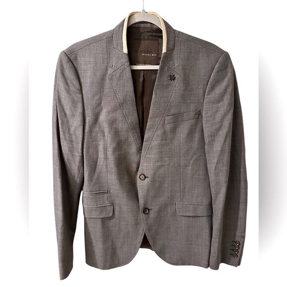 Zara Man Black Tag Blazer Jacket Blue Gray NWOT 2 Buttons Collarless V-Neck 38